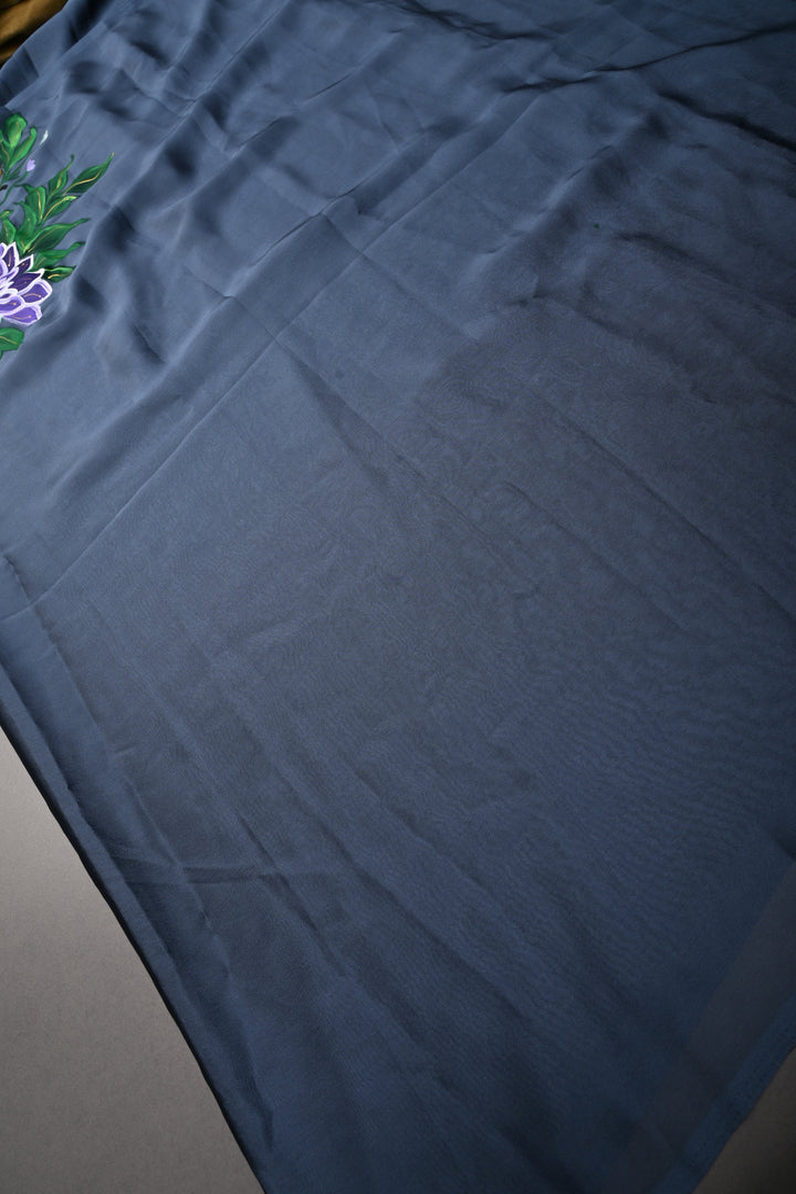 Cloudy Gray Shimmer Georgette Saree with Floral Handpainted , No Blouse Piece | SHOBITAM