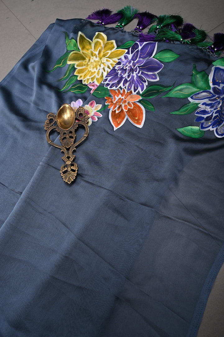 Cloudy Gray Shimmer Georgette Saree with Floral Handpainted , No Blouse Piece | SHOBITAM