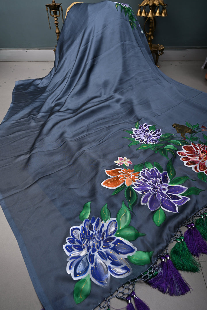 Cloudy Gray Shimmer Georgette Saree with Floral Handpainted , No Blouse Piece | SHOBITAM