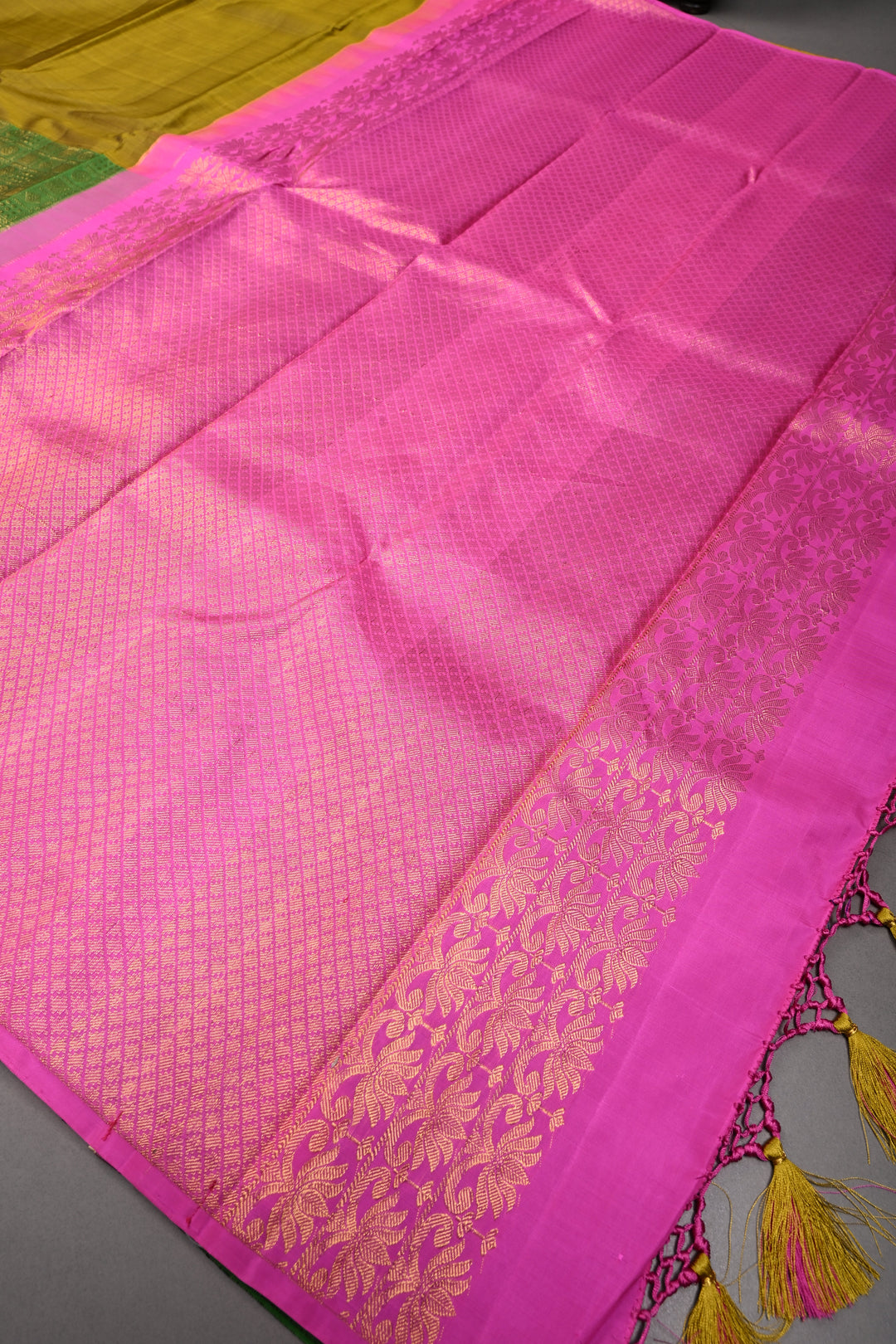 Moss Yellow Kanjivaram Pure Silk Saree with half Brocade Border in Lead Green and Pink Contrast Pallu| SILK MARK CERTIFIED | SHOBITAM