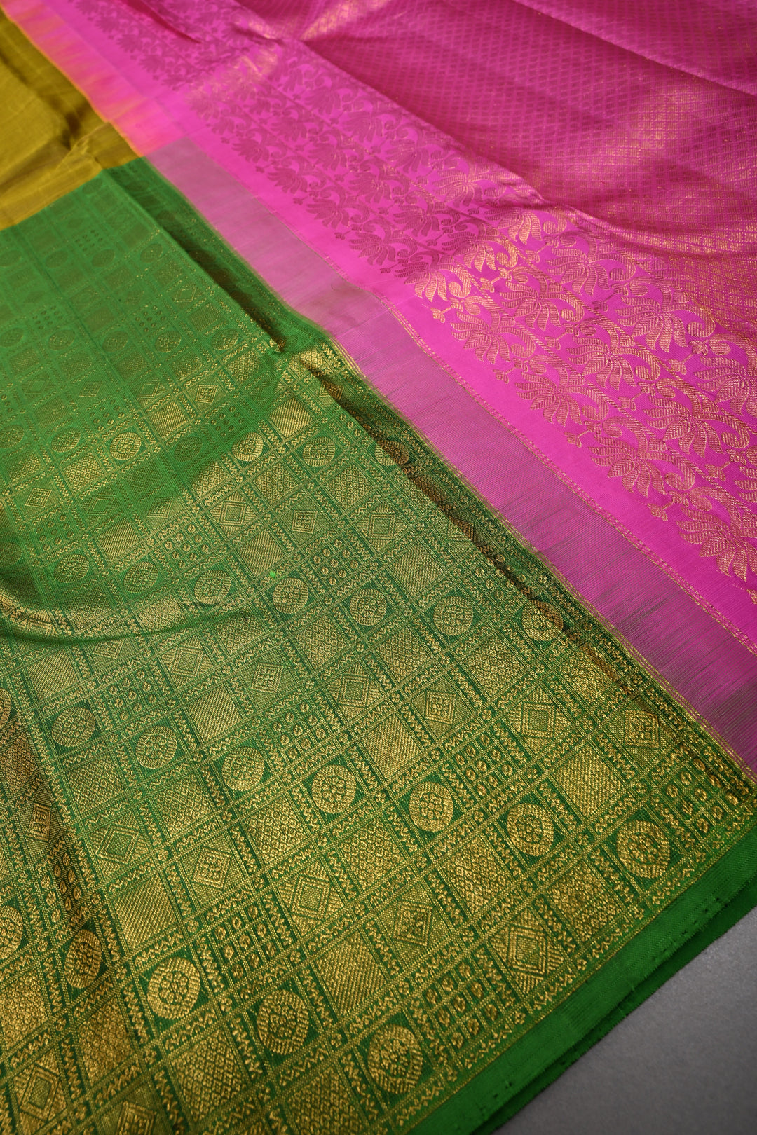 Moss Yellow Kanjivaram Pure Silk Saree with half Brocade Border in Lead Green and Pink Contrast Pallu| SILK MARK CERTIFIED | SHOBITAM