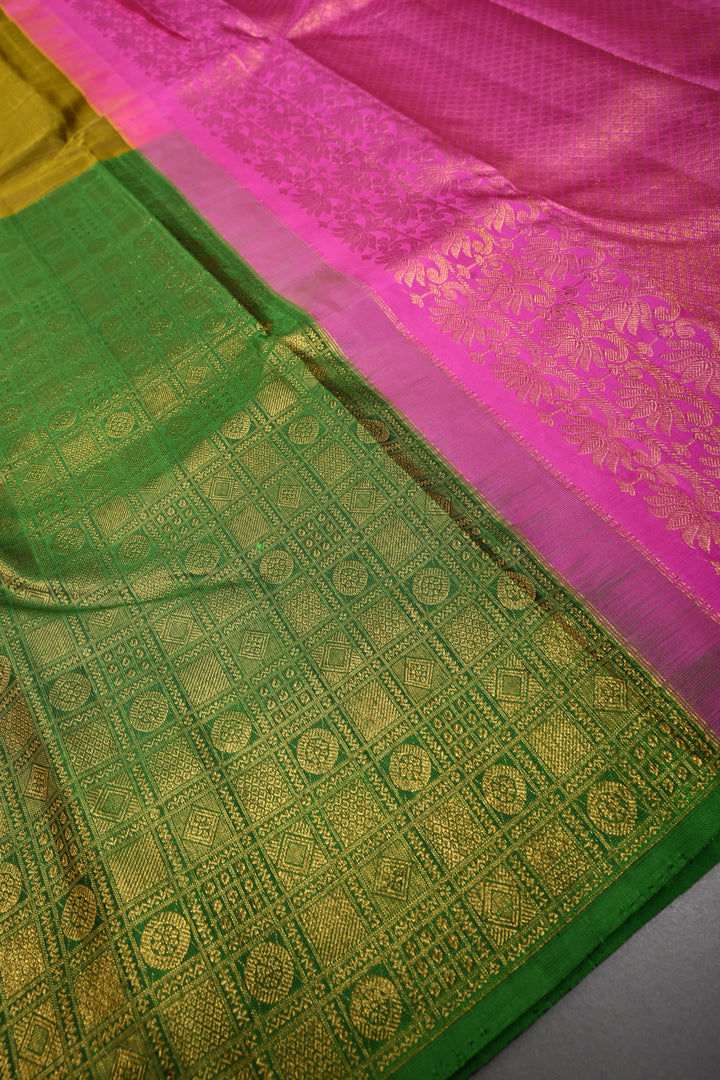 Moss Yellow Kanjivaram Pure Silk Saree with half Brocade Border in Lead Green and Pink Contrast Pallu| SILK MARK CERTIFIED | SHOBITAM