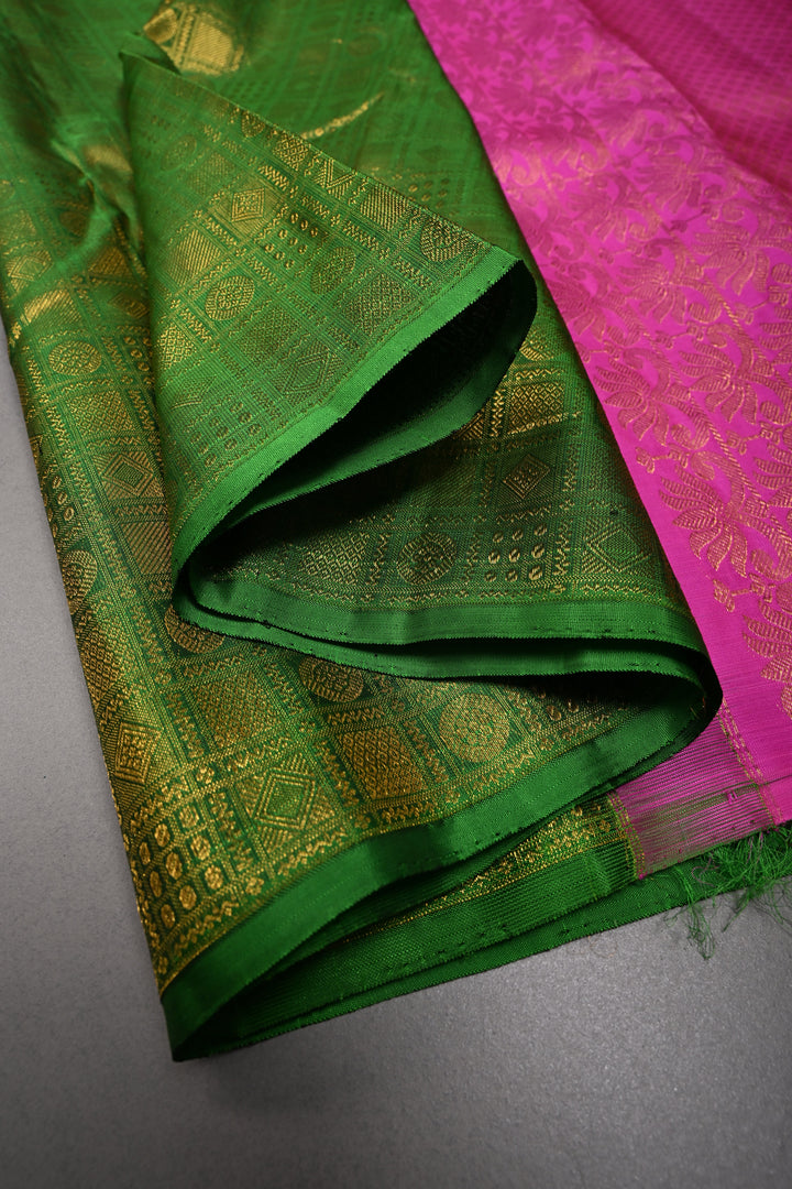 Moss Yellow Kanjivaram Pure Silk Saree with half Brocade Border in Lead Green and Pink Contrast Pallu| SILK MARK CERTIFIED | SHOBITAM