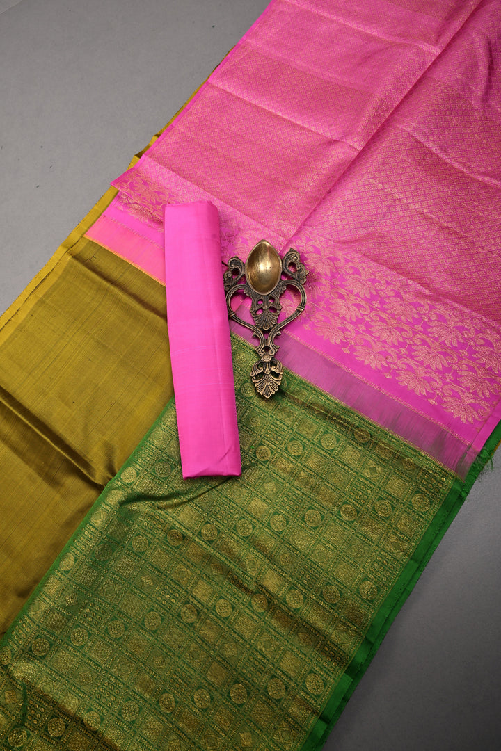 Moss Yellow Kanjivaram Pure Silk Saree with half Brocade Border in Lead Green and Pink Contrast Pallu| SILK MARK CERTIFIED | SHOBITAM