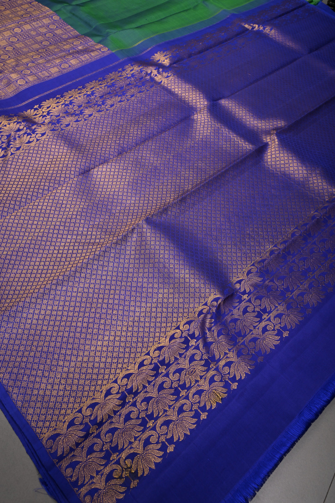 Green-Blue Dual Tone Kanjivaram Pure Silk Saree with Patola Brocade Half Border and Pallu | SILK MARK CERTIFIED | SHOBITAM
