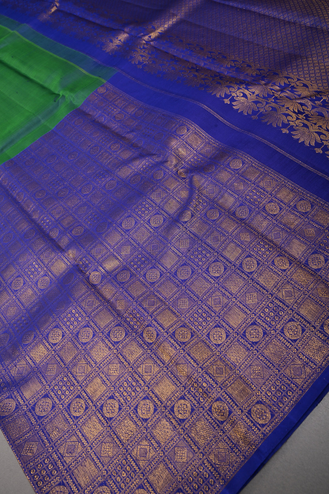 Green-Blue Dual Tone Kanjivaram Pure Silk Saree with Patola Brocade Half Border and Pallu | SILK MARK CERTIFIED | SHOBITAM
