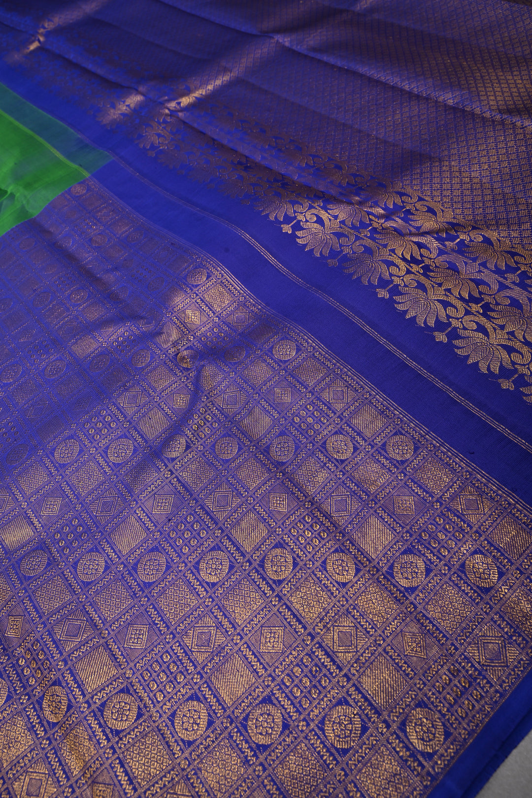 Green-Blue Dual Tone Kanjivaram Pure Silk Saree with Patola Brocade Half Border and Pallu | SILK MARK CERTIFIED | SHOBITAM