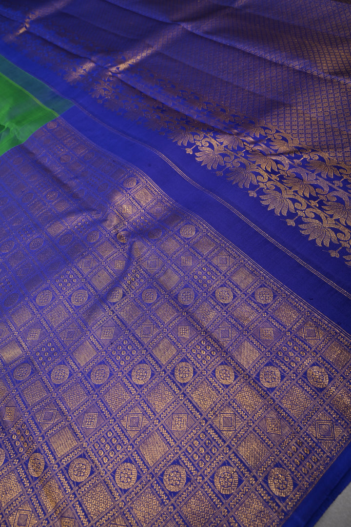 Green-Blue Dual Tone Kanjivaram Pure Silk Saree with Patola Brocade Half Border and Pallu | SILK MARK CERTIFIED | SHOBITAM