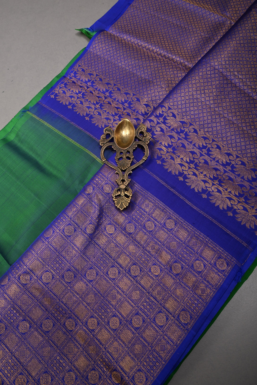 Green-Blue Dual Tone Kanjivaram Pure Silk Saree with Patola Brocade Half Border and Pallu | SILK MARK CERTIFIED | SHOBITAM