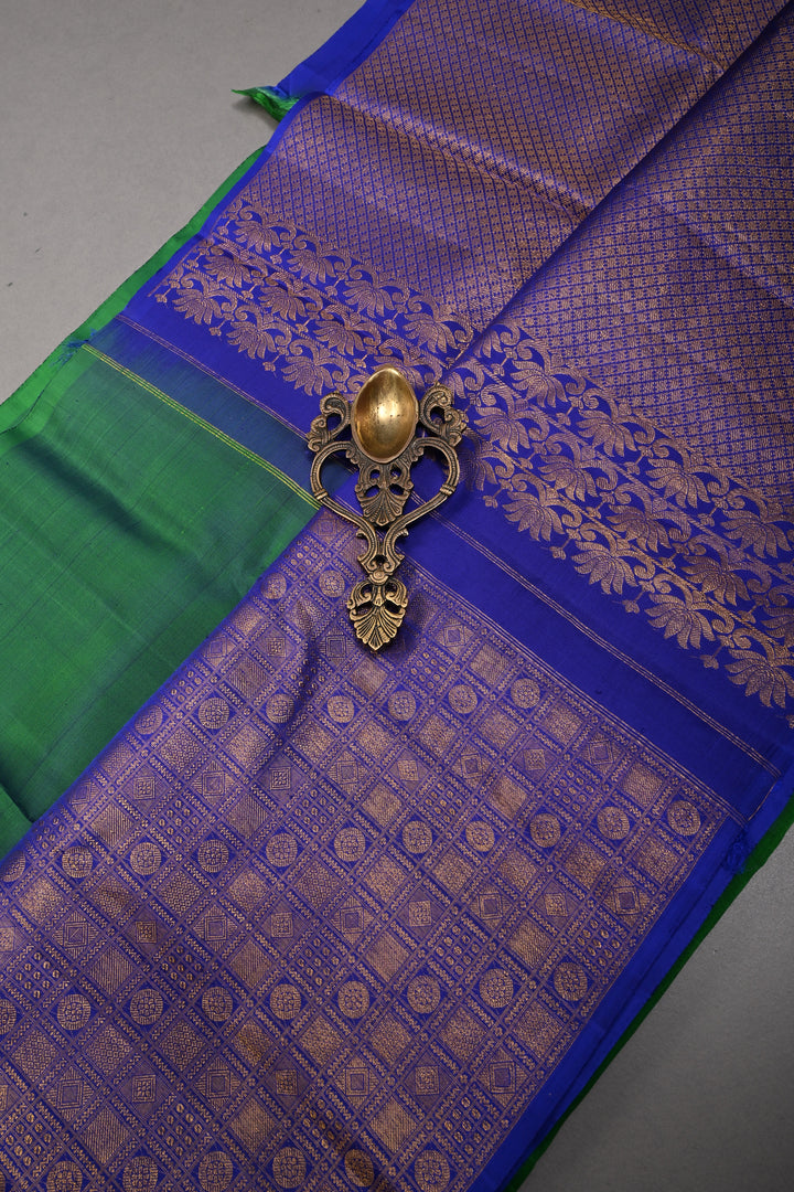 Green-Blue Dual Tone Kanjivaram Pure Silk Saree with Patola Brocade Half Border and Pallu | SILK MARK CERTIFIED | SHOBITAM