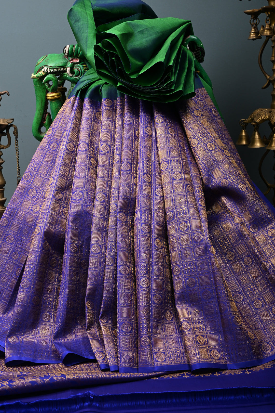 Green-Blue Dual Tone Kanjivaram Pure Silk Saree with Patola Brocade Half Border and Pallu | SILK MARK CERTIFIED | SHOBITAM