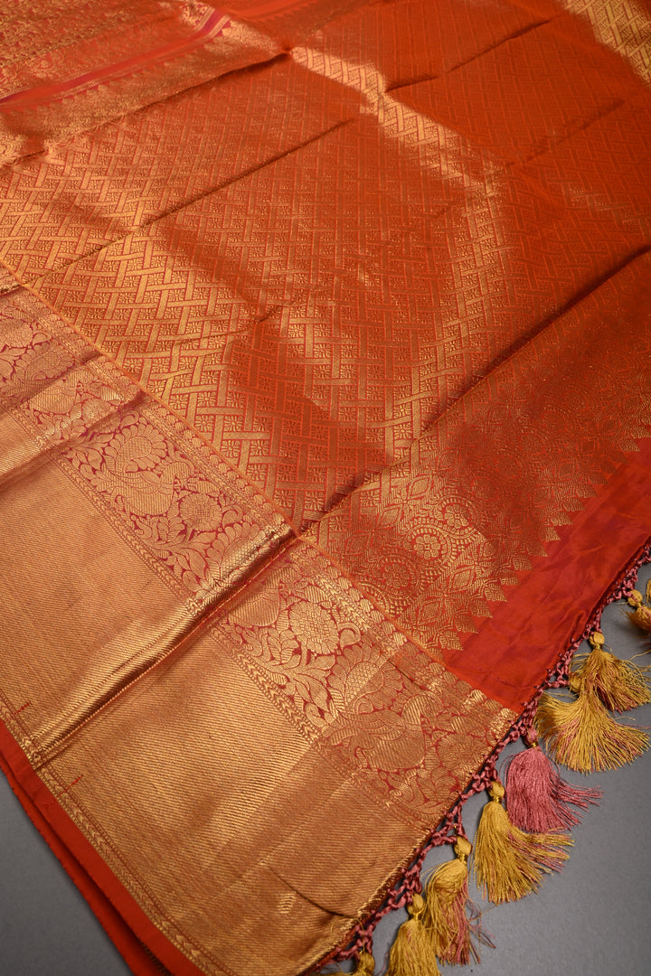 Rust Orange Pure Kanjivaram Silk Saree with Floral Brocade Jaal and Zari Border | SILK MARK CERTIFIED | SHOBITAM