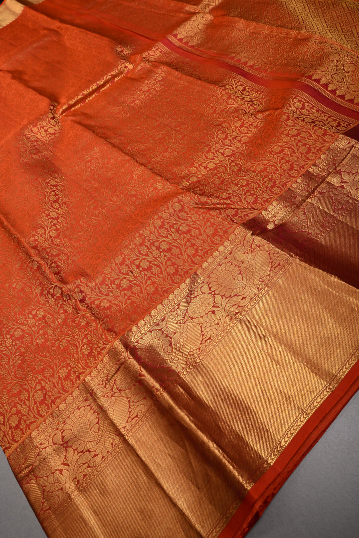 Rust Orange Pure Kanjivaram Silk Saree with Floral Brocade Jaal and Zari Border | SILK MARK CERTIFIED | SHOBITAM