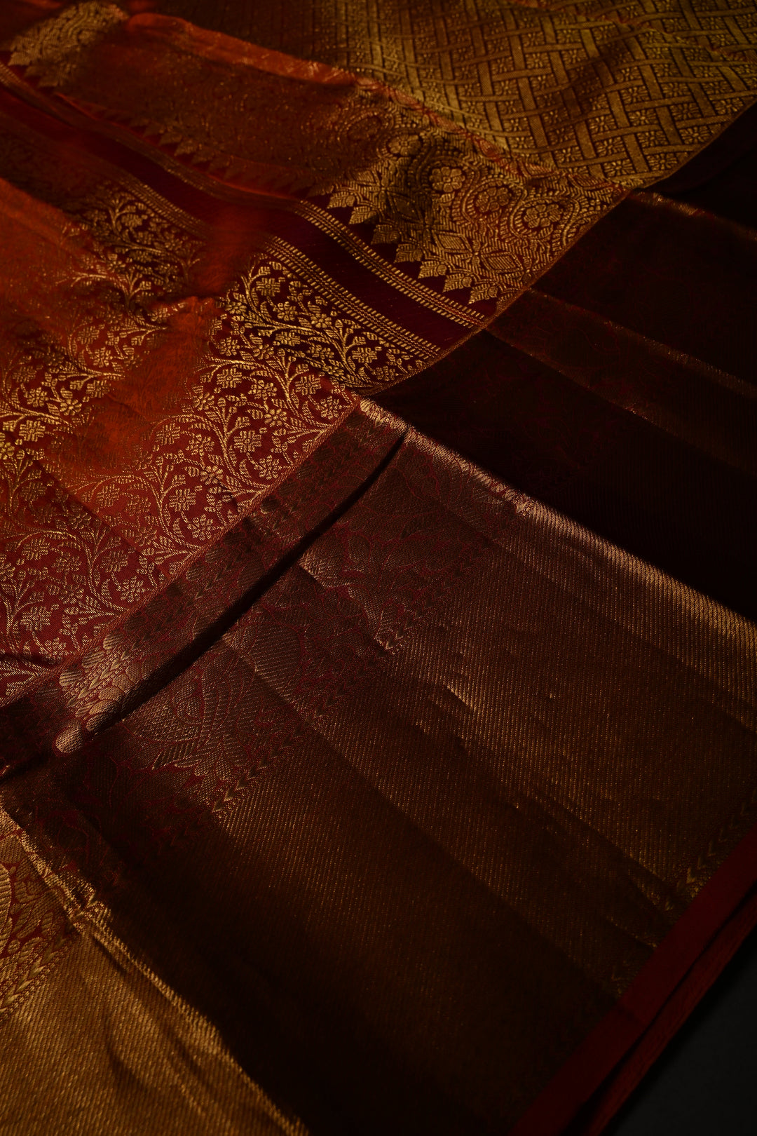 Rust Orange Pure Kanjivaram Silk Saree with Floral Brocade Jaal and Zari Border | SILK MARK CERTIFIED | SHOBITAM