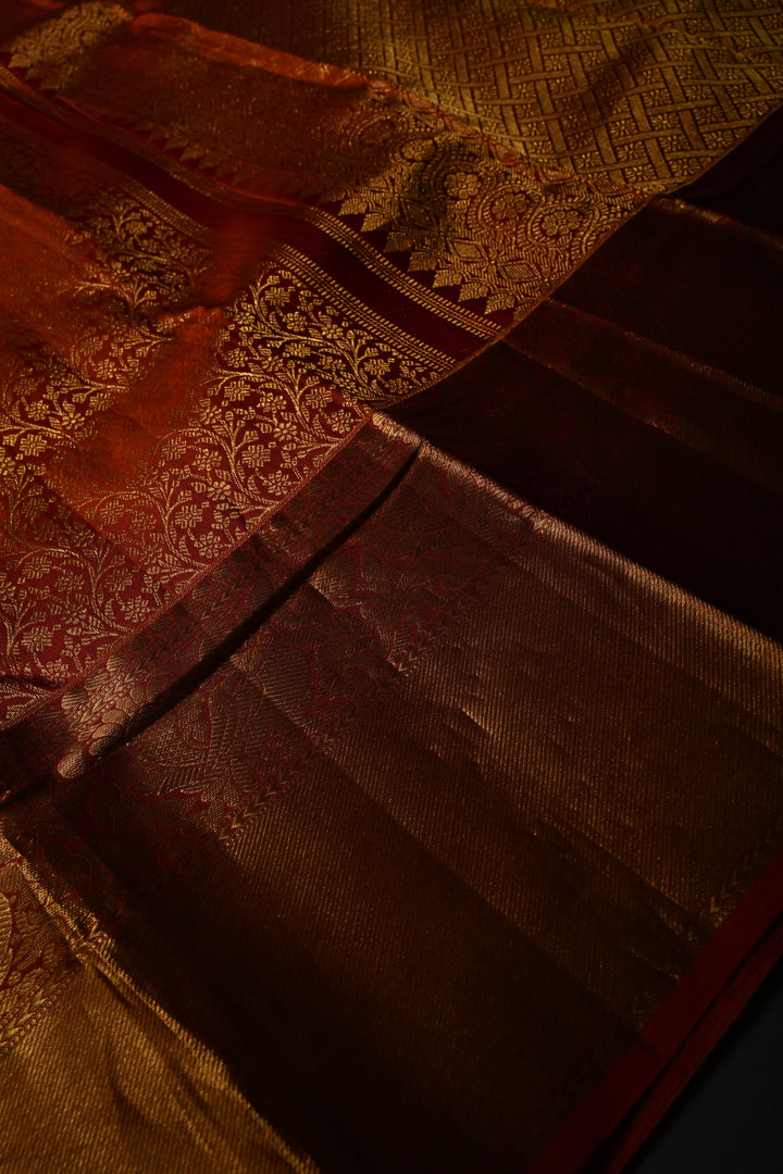 Rust Orange Pure Kanjivaram Silk Saree with Floral Brocade Jaal and Zari Border | SILK MARK CERTIFIED | SHOBITAM