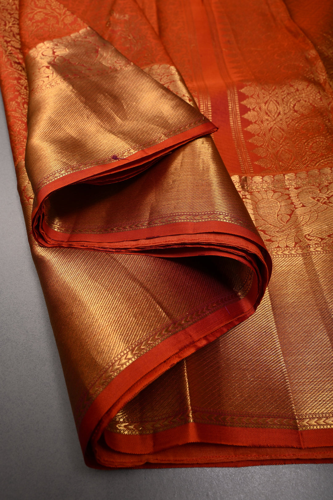 Rust Orange Pure Kanjivaram Silk Saree with Floral Brocade Jaal and Zari Border | SILK MARK CERTIFIED | SHOBITAM