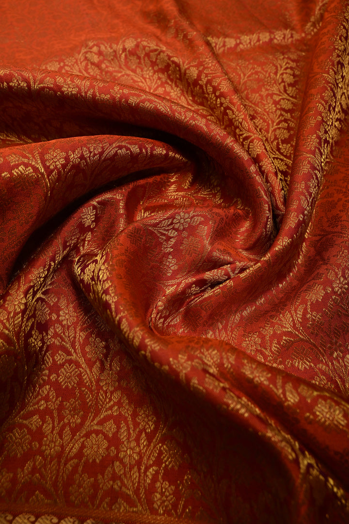 Rust Orange Pure Kanjivaram Silk Saree with Floral Brocade Jaal and Zari Border | SILK MARK CERTIFIED | SHOBITAM