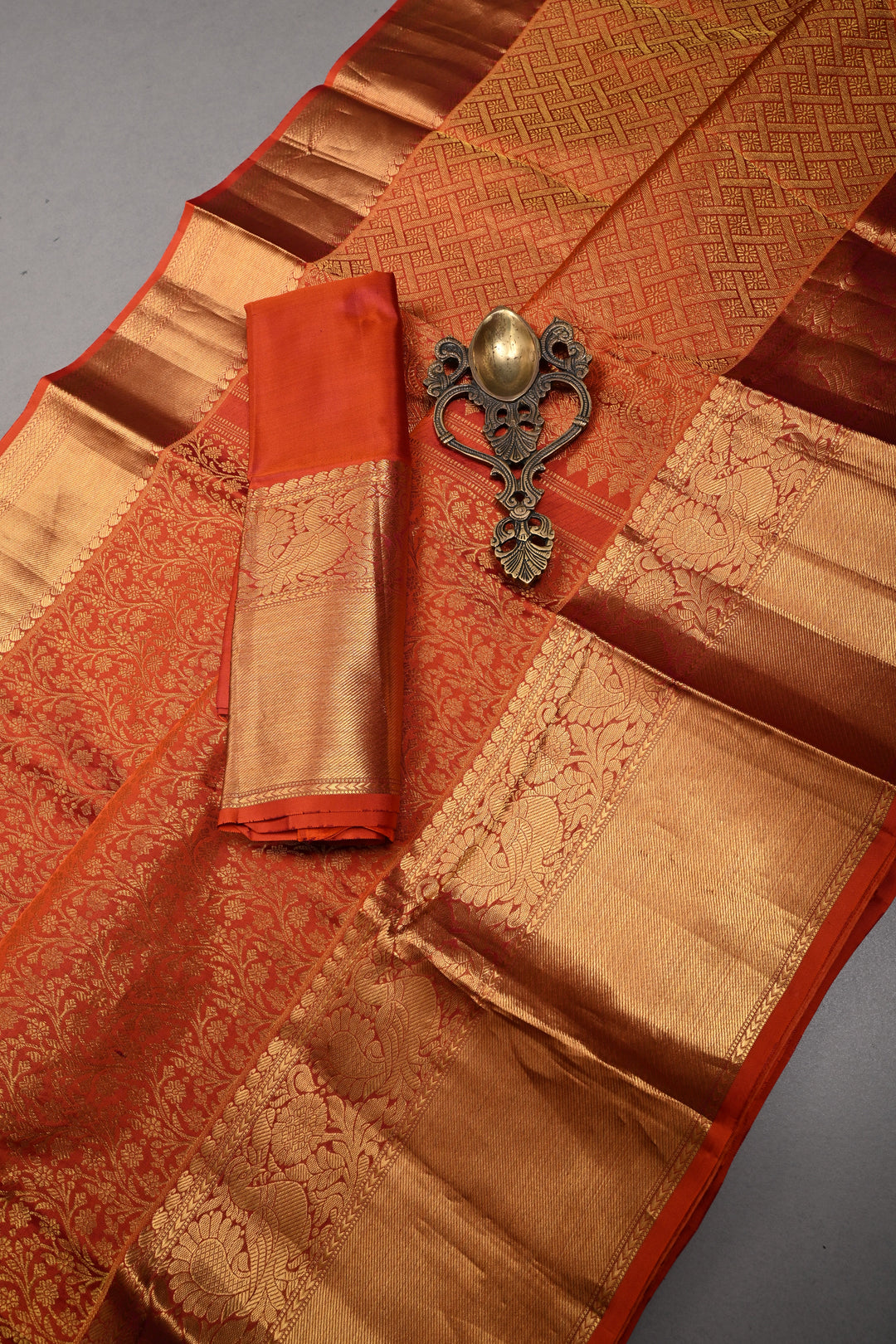 Rust Orange Pure Kanjivaram Silk Saree with Floral Brocade Jaal and Zari Border | SILK MARK CERTIFIED | SHOBITAM