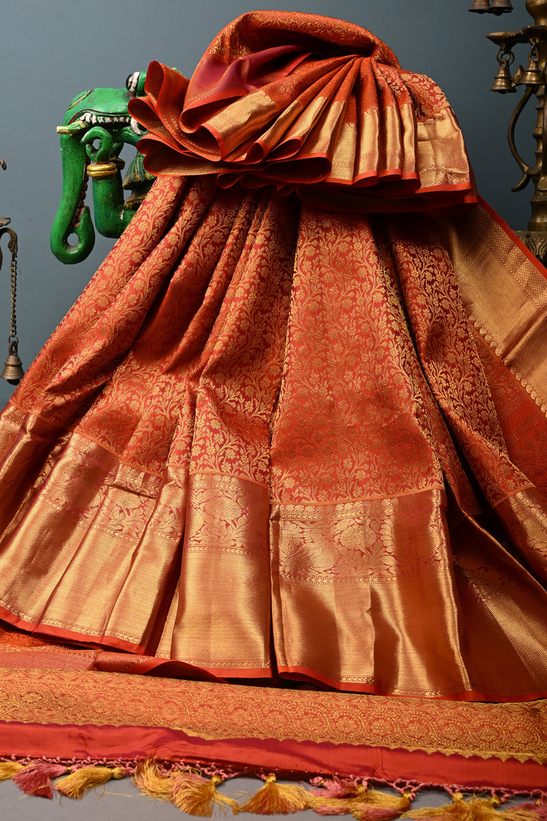 Rust Orange Pure Kanjivaram Silk Saree with Floral Brocade Jaal and Zari Border | SILK MARK CERTIFIED | SHOBITAM