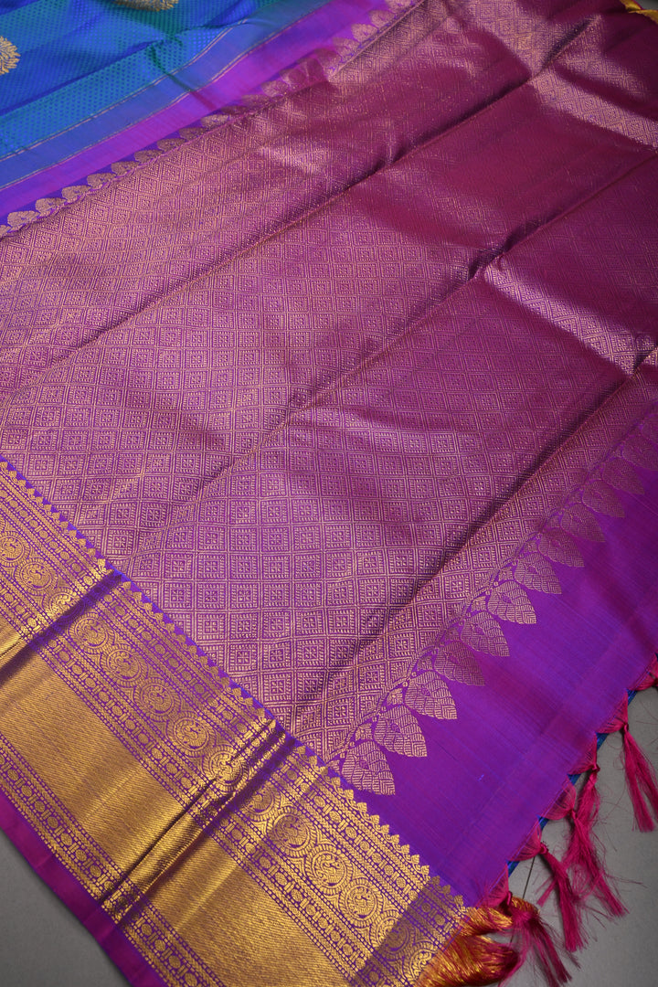 Blue-Green Dual Tone Brocade on Pure Kanjivaram Silk Handloom Saree with Zari Buttas and Contrast Zari Border | SILK MARK CERTIFIED | SHOBITAM