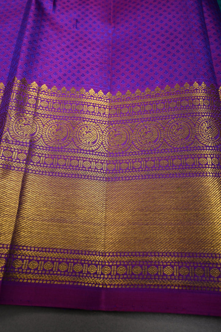Blue-Green Dual Tone Brocade on Pure Kanjivaram Silk Handloom Saree with Zari Buttas and Contrast Zari Border | SILK MARK CERTIFIED | SHOBITAM