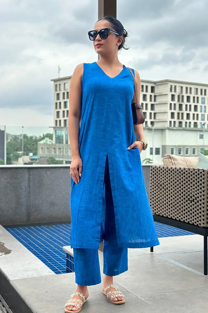 Teal Blue Pure Cotton Co-ord Set | SHOBITAM