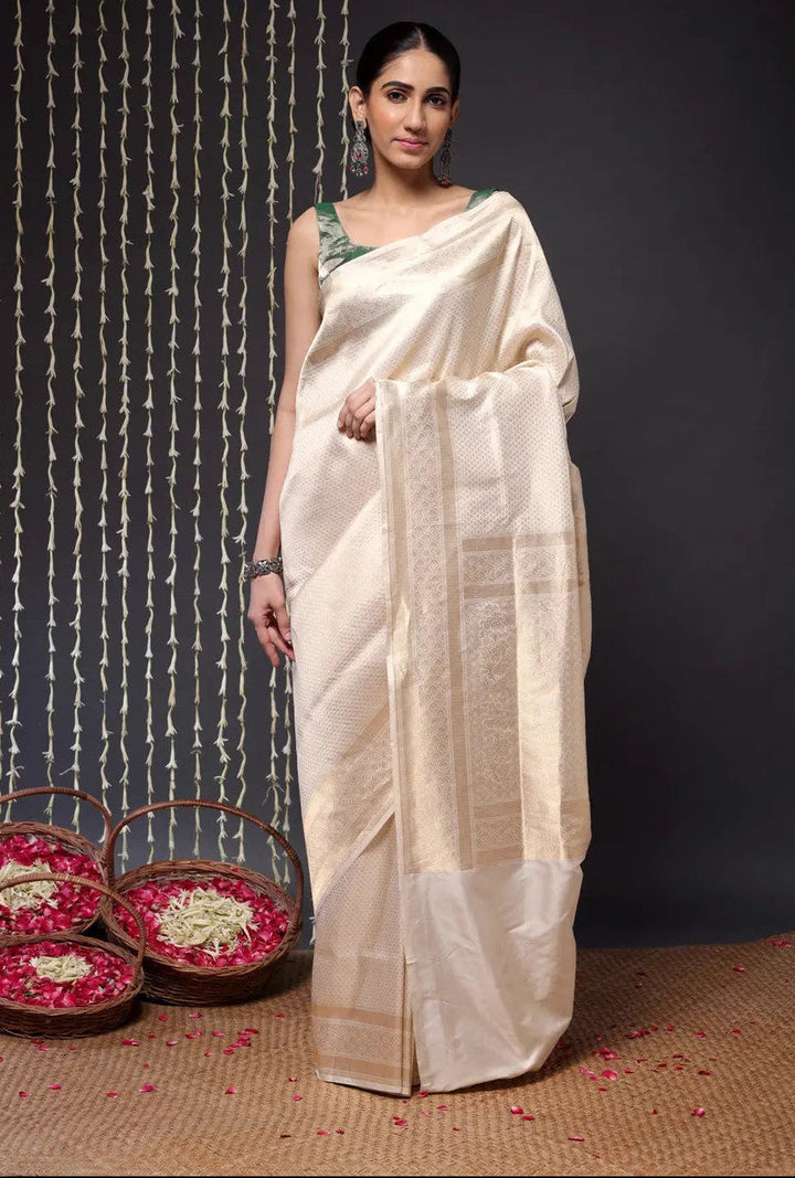 Unique Handloom Cream Pure Silk Tanchoi Banarasi Saree | SILK MARK CERTIFIED | SHOBITAM