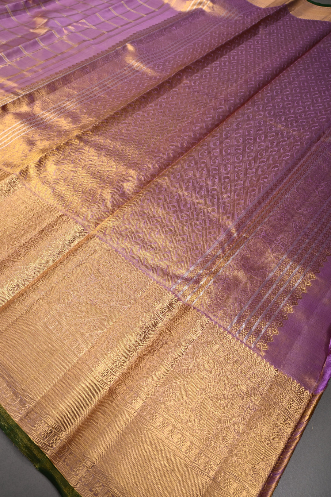 Lilac Gadwal Tissue Silk Saree with Gold-silver Checks pattern and Wide Zari Border | SILK MARK CERTIFIED | SHOBITAM