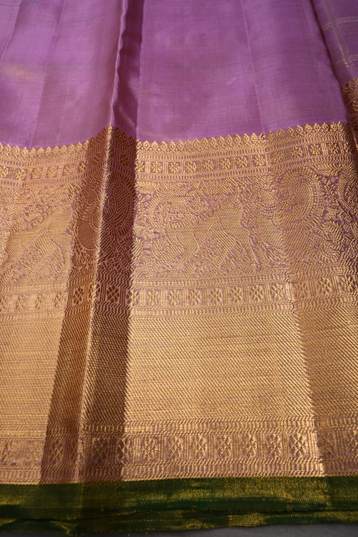 Lilac Gadwal Tissue Silk Saree with Gold-silver Checks pattern and Wide Zari Border | SILK MARK CERTIFIED | SHOBITAM