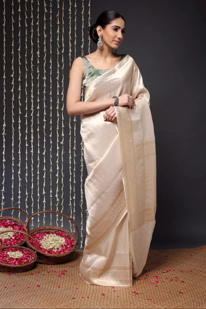 Unique Handloom Cream Pure Silk Tanchoi Banarasi Saree | SILK MARK CERTIFIED | SHOBITAM