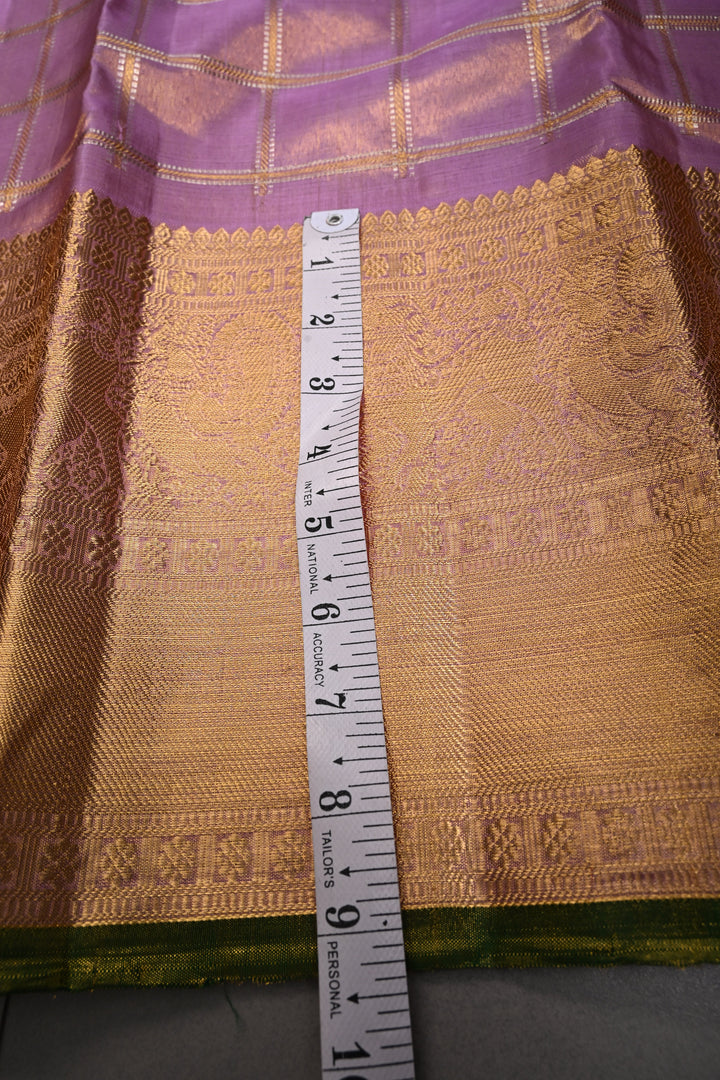 Lilac Gadwal Tissue Silk Saree with Gold-silver Checks pattern and Wide Zari Border | SILK MARK CERTIFIED | SHOBITAM