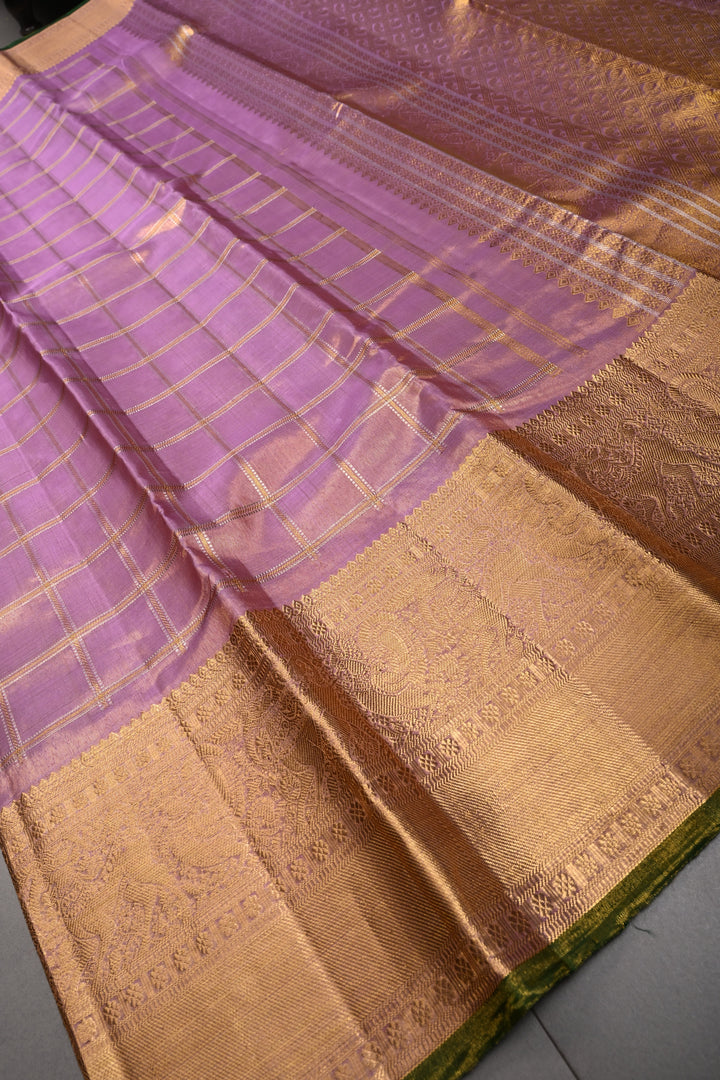Lilac Gadwal Tissue Silk Saree with Gold-silver Checks pattern and Wide Zari Border | SILK MARK CERTIFIED | SHOBITAM