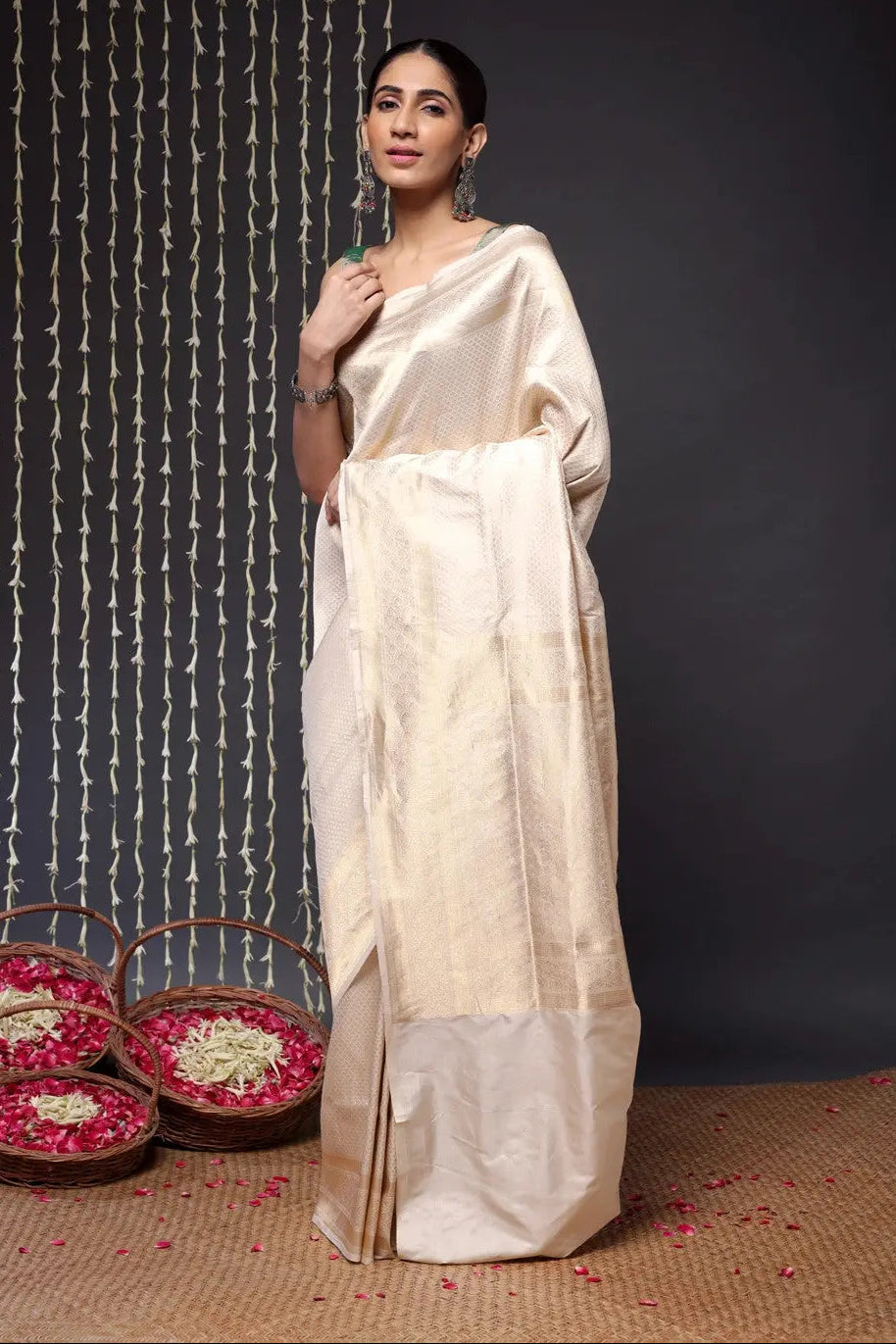 Unique Handloom Cream Pure Silk Tanchoi Banarasi Saree | SILK MARK CERTIFIED | SHOBITAM