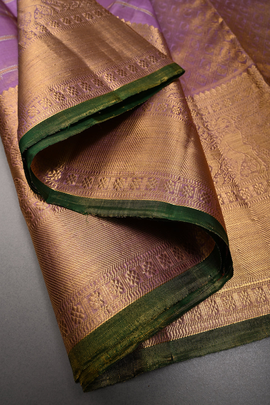 Lilac Gadwal Tissue Silk Saree with Gold-silver Checks pattern and Wide Zari Border | SILK MARK CERTIFIED | SHOBITAM