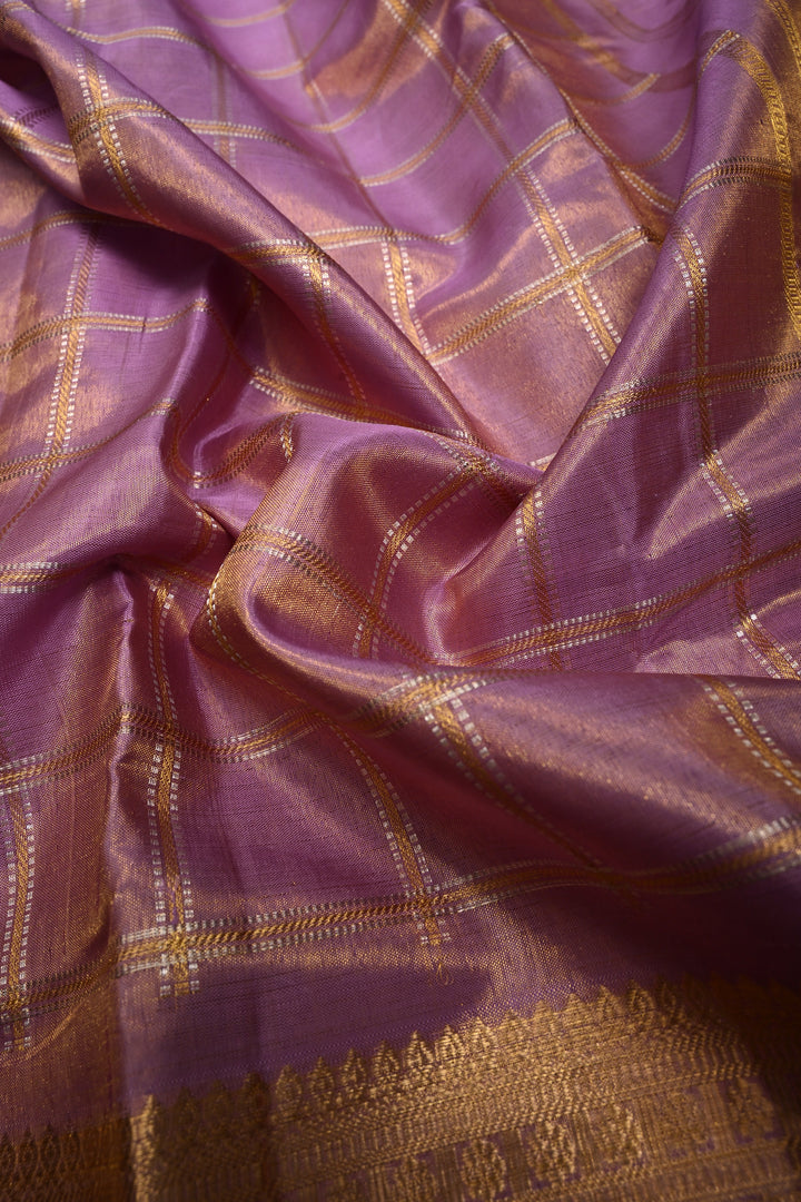 Lilac Gadwal Tissue Silk Saree with Gold-silver Checks pattern and Wide Zari Border | SILK MARK CERTIFIED | SHOBITAM