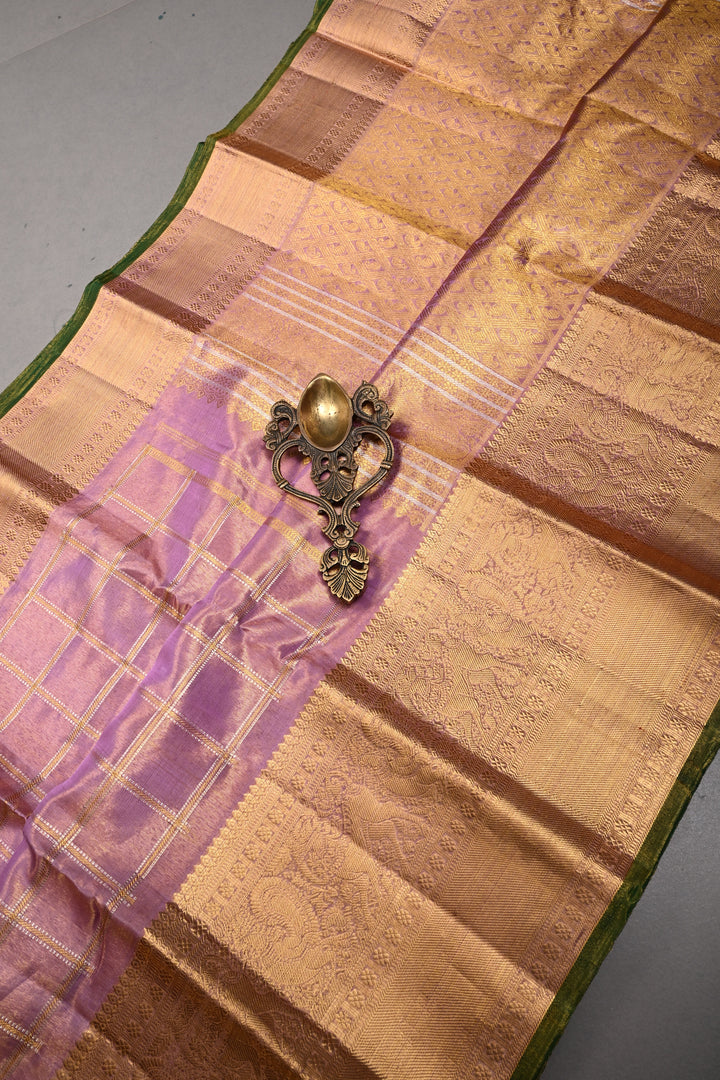 Lilac Gadwal Tissue Silk Saree with Gold-silver Checks pattern and Wide Zari Border | SILK MARK CERTIFIED | SHOBITAM