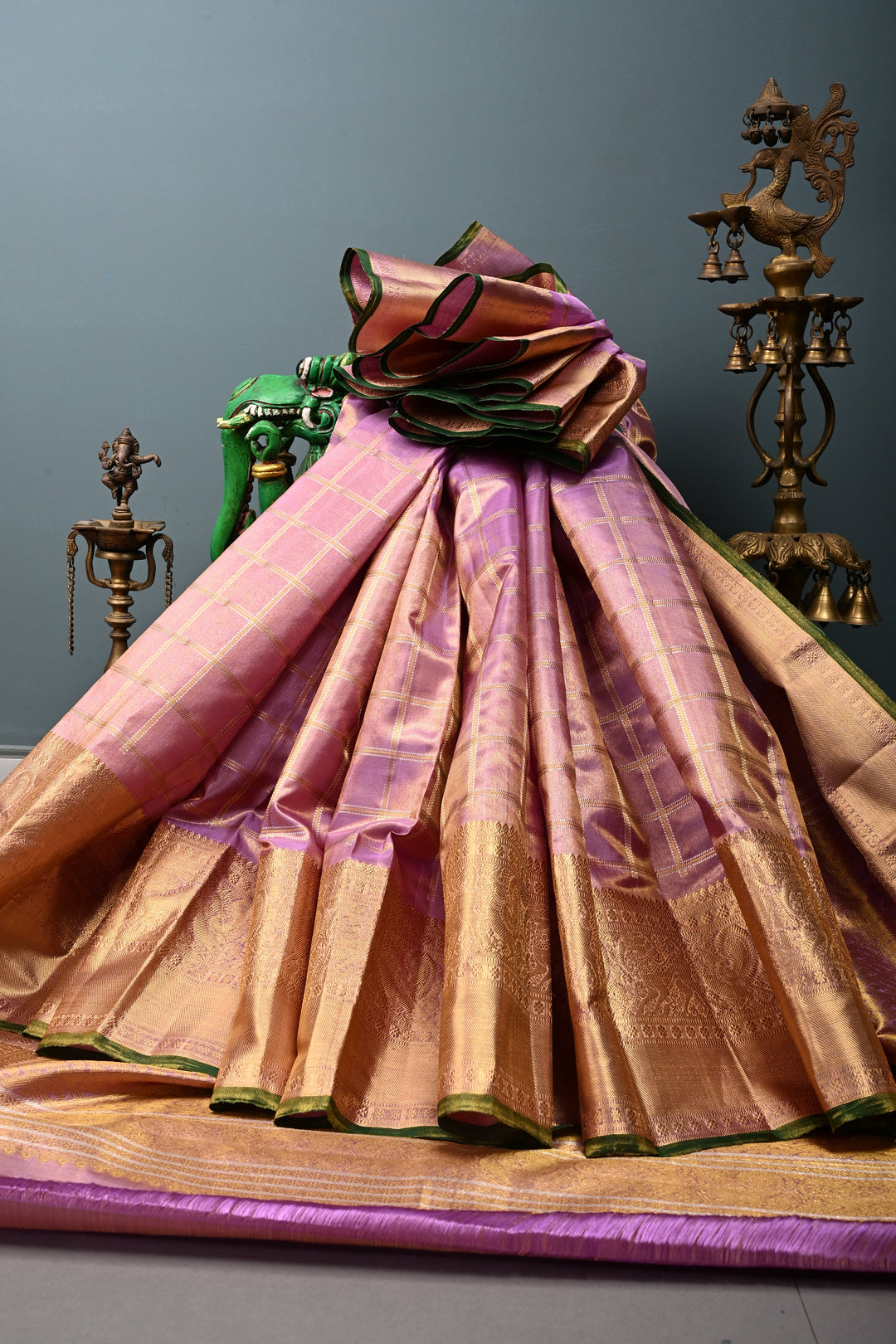 Lilac Gadwal Tissue Silk Saree with Gold-silver Checks pattern and Wide Zari Border | SILK MARK CERTIFIED | SHOBITAM
