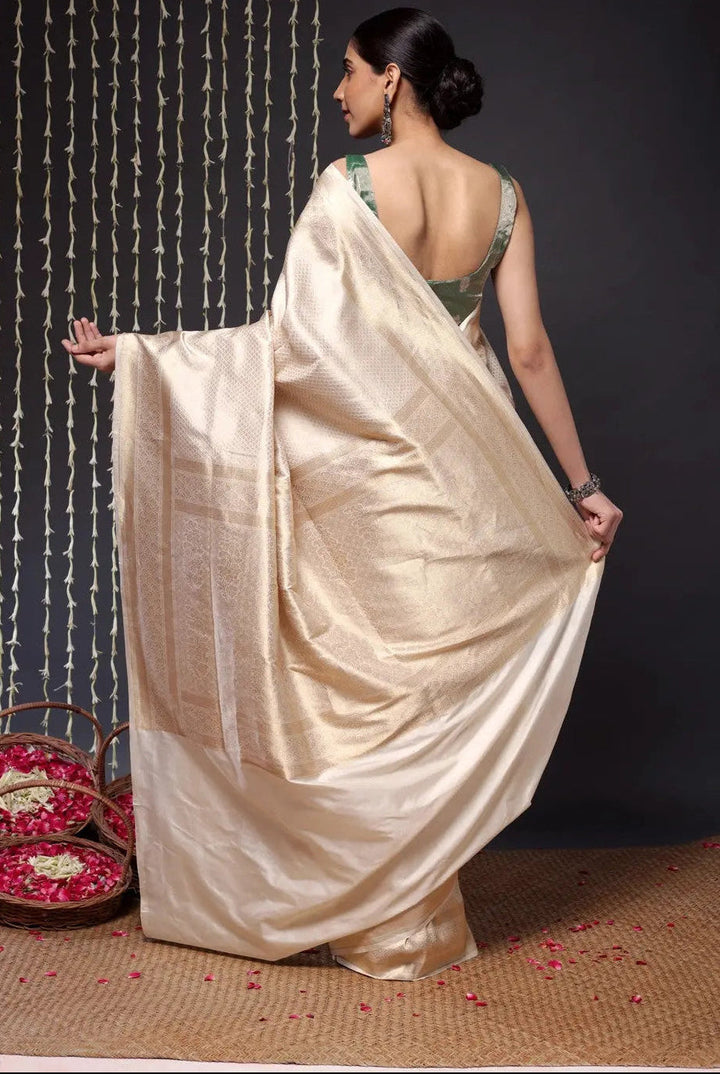 Unique Handloom Cream Pure Silk Tanchoi Banarasi Saree | SILK MARK CERTIFIED | SHOBITAM