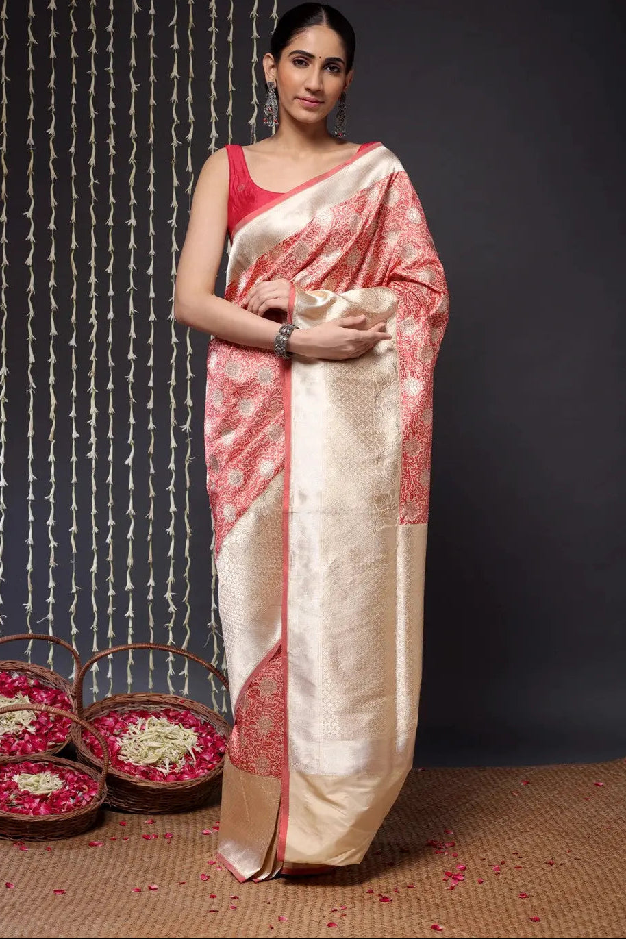 Authentic Handloom Cream And Red Pure Silk Tanchoi Banarasi Saree | SILK MARK CERTIFIED | SHOBITAM