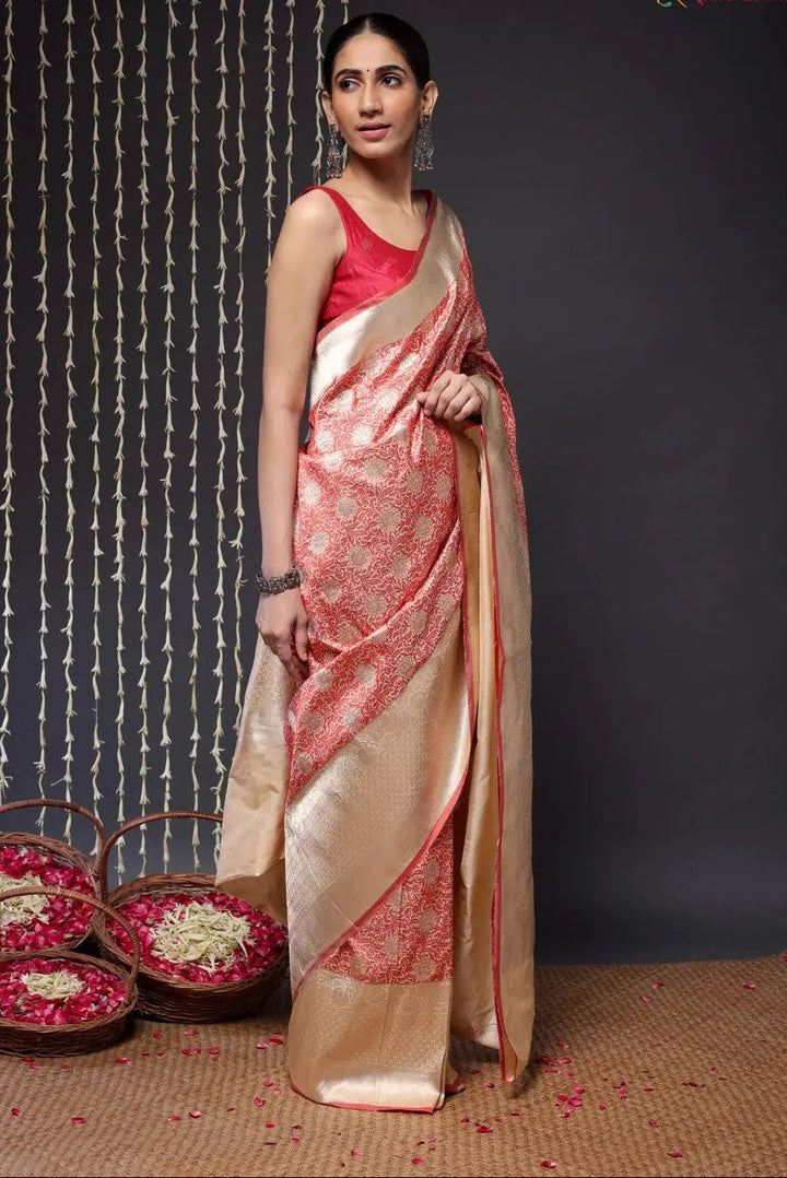Authentic Handloom Cream And Red Pure Silk Tanchoi Banarasi Saree | SILK MARK CERTIFIED | SHOBITAM