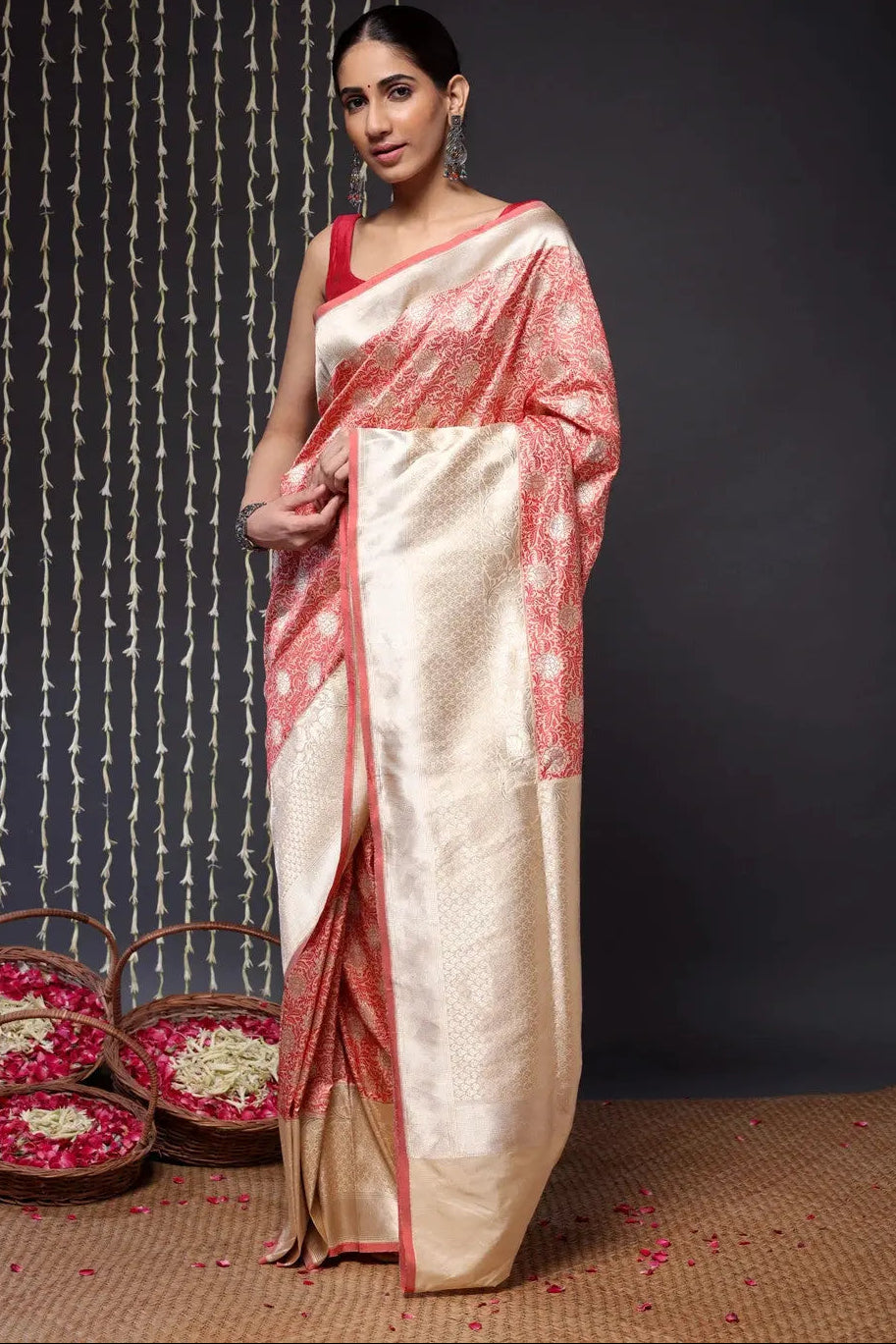 Authentic Handloom Cream And Red Pure Silk Tanchoi Banarasi Saree | SILK MARK CERTIFIED | SHOBITAM