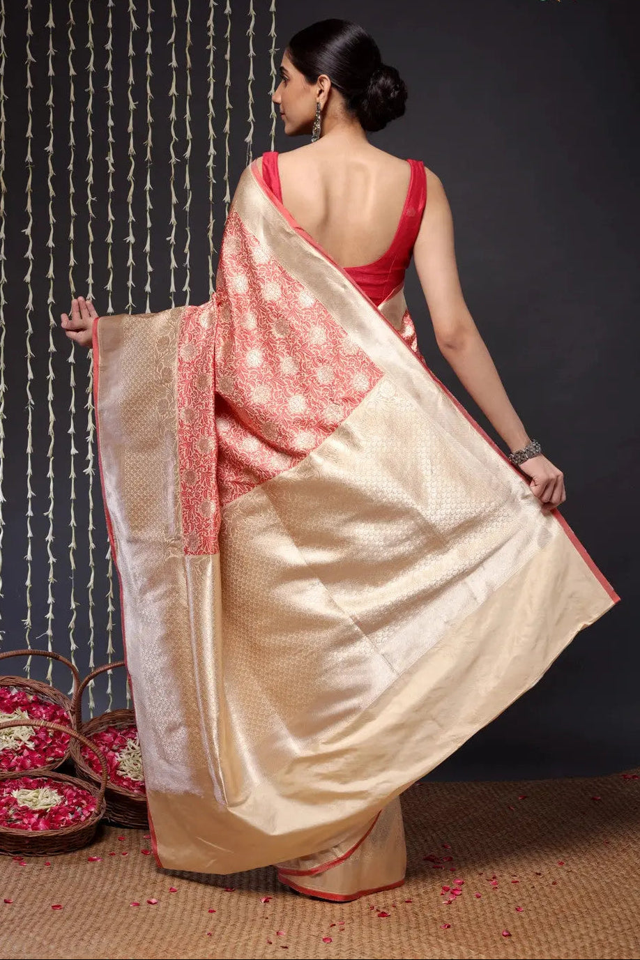 Authentic Handloom Cream And Red Pure Silk Tanchoi Banarasi Saree | SILK MARK CERTIFIED | SHOBITAM