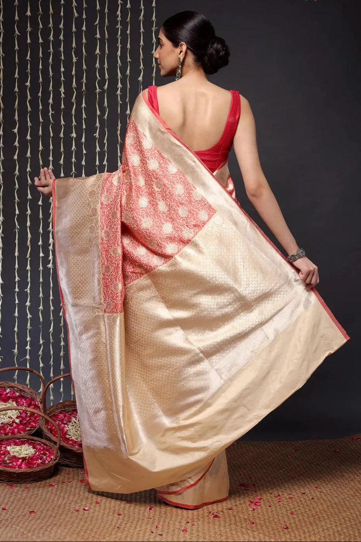 Authentic Handloom Cream And Red Pure Silk Tanchoi Banarasi Saree | SILK MARK CERTIFIED | SHOBITAM