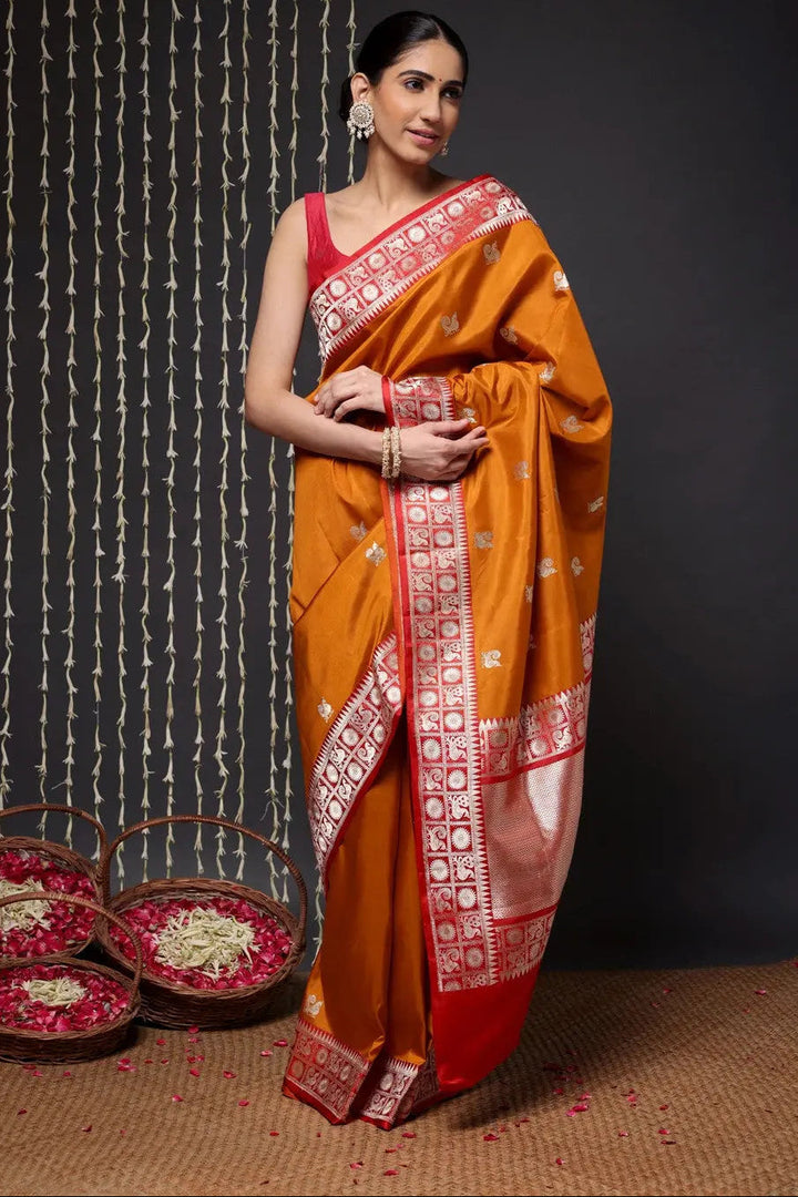 Handloom Mustard Banarasi Kanchi Pure Silk Saree | SILK MARK CERTIFIED | SHOBITAM