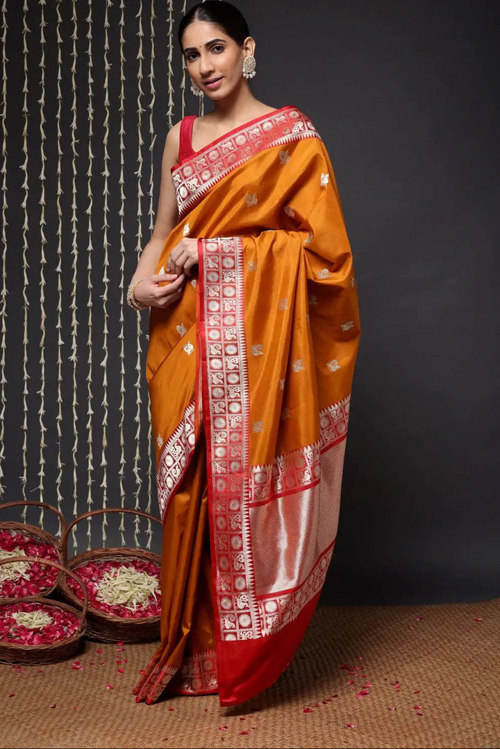 Handloom Mustard Banarasi Kanchi Pure Silk Saree | SILK MARK CERTIFIED | SHOBITAM