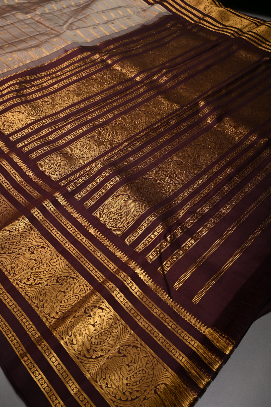 Gray Zari Stripes on Gadwal Silk Saree with Zari Buttas and Contrast Zari Border | SILK MARK CERTIFIED | SHOBITAM