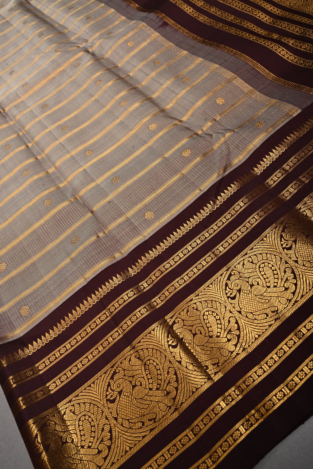 Gray Zari Stripes on Gadwal Silk Saree with Zari Buttas and Contrast Zari Border | SILK MARK CERTIFIED | SHOBITAM