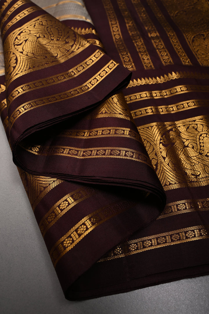 Gray Zari Stripes on Gadwal Silk Saree with Zari Buttas and Contrast Zari Border | SILK MARK CERTIFIED | SHOBITAM