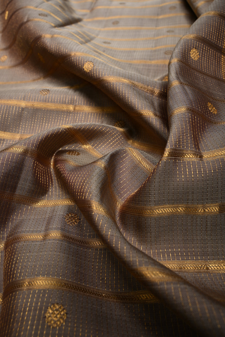 Gray Zari Stripes on Gadwal Silk Saree with Zari Buttas and Contrast Zari Border | SILK MARK CERTIFIED | SHOBITAM