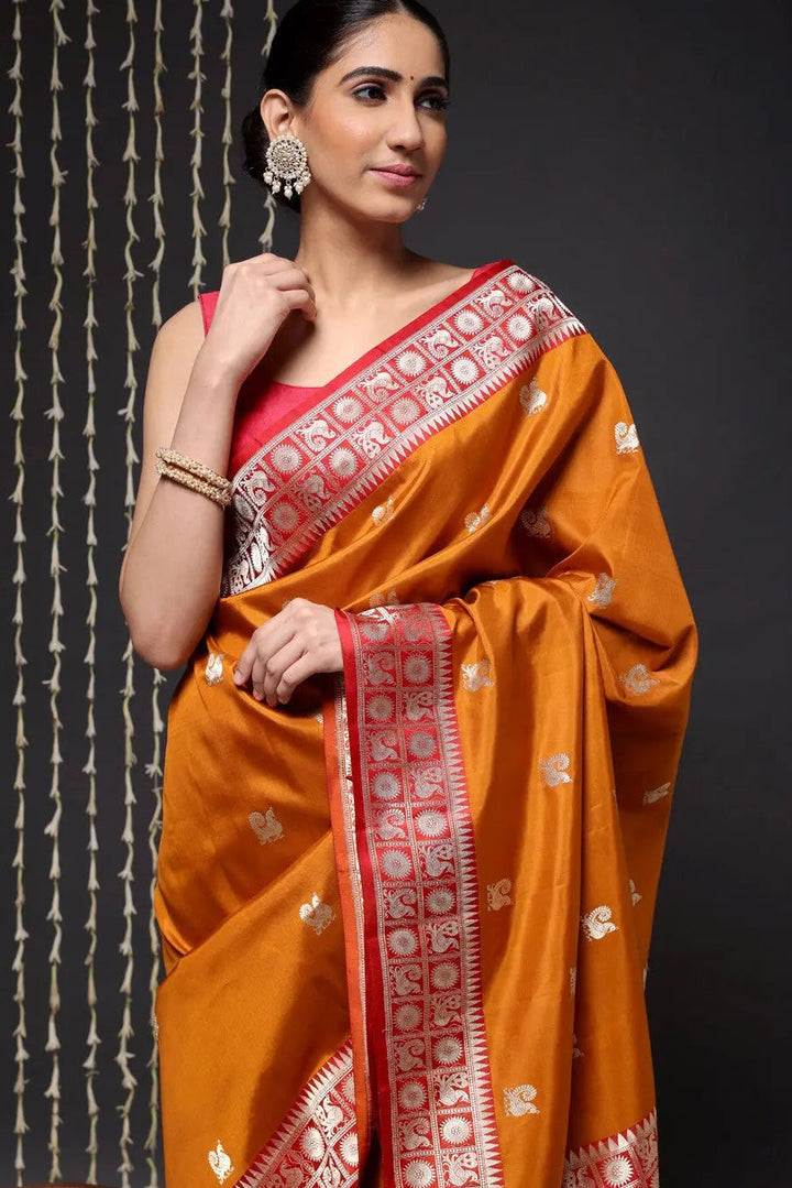 Handloom Mustard Banarasi Kanchi Pure Silk Saree | SILK MARK CERTIFIED | SHOBITAM
